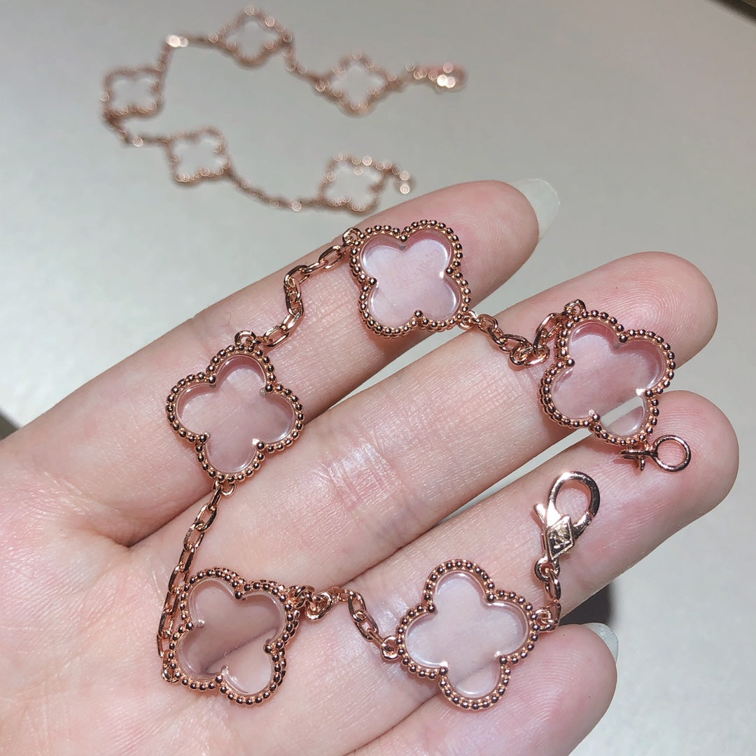 [Royal]CLOVER 5 MOTIF ROCK CRYSTAL PINK GOLD BRACELET