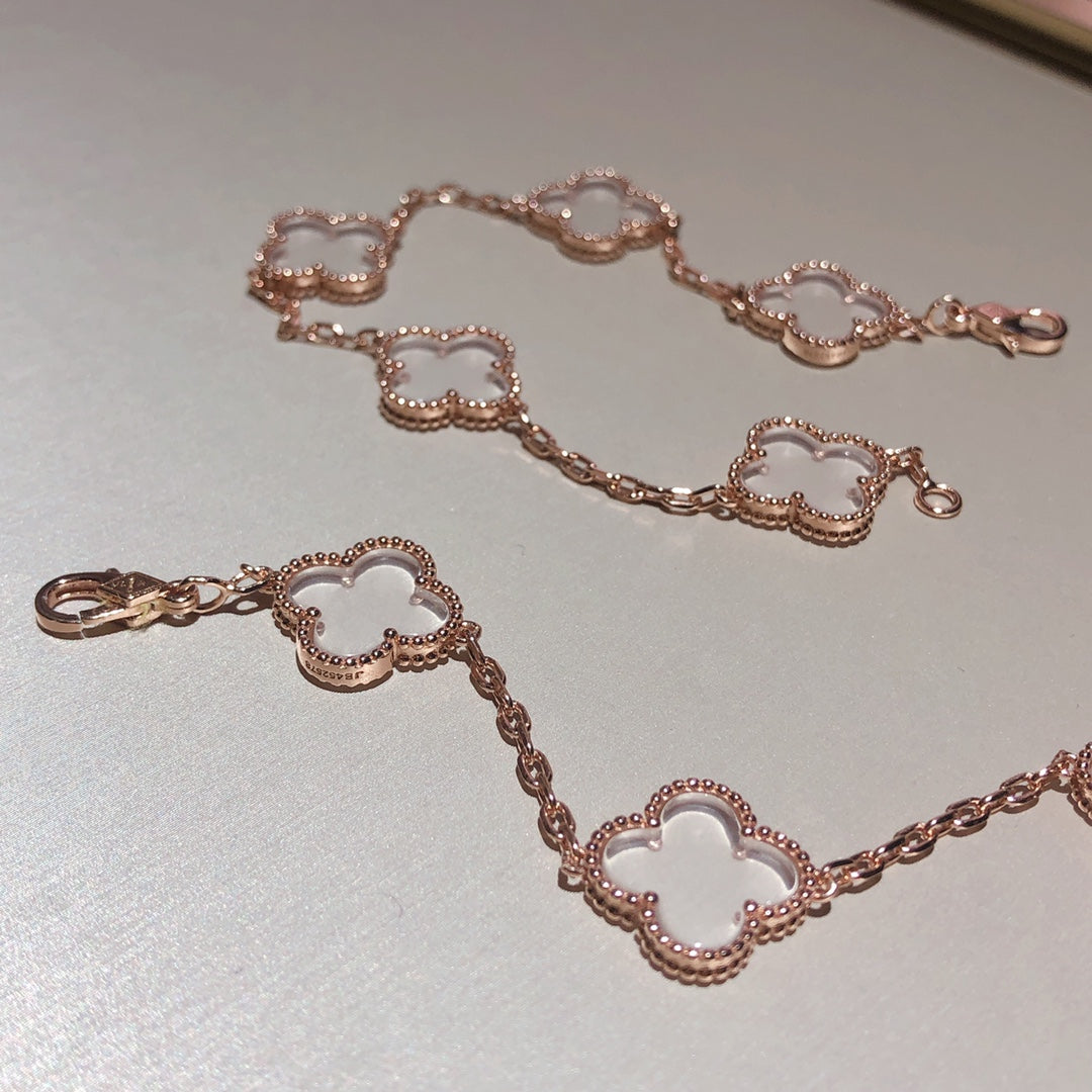 [Royal]CLOVER 5 MOTIF ROCK CRYSTAL PINK GOLD BRACELET