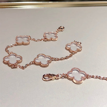 [Royal]CLOVER 5 MOTIF ROCK CRYSTAL PINK GOLD BRACELET