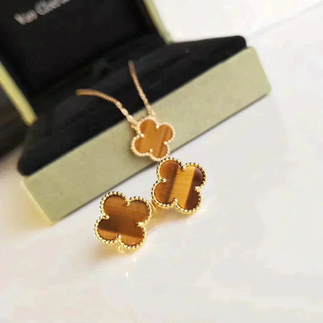 [Royal]CLOVER MEDIUM 1 MOTIFS TIGER EYE EARRINGS