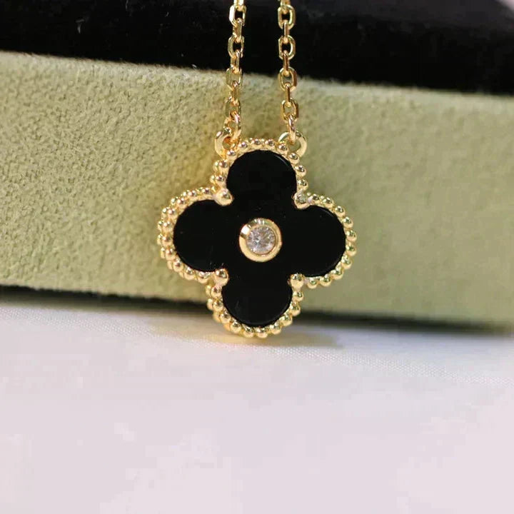 [Royal]CLOVER 15MM DIAMOND ONYX NECKLACE