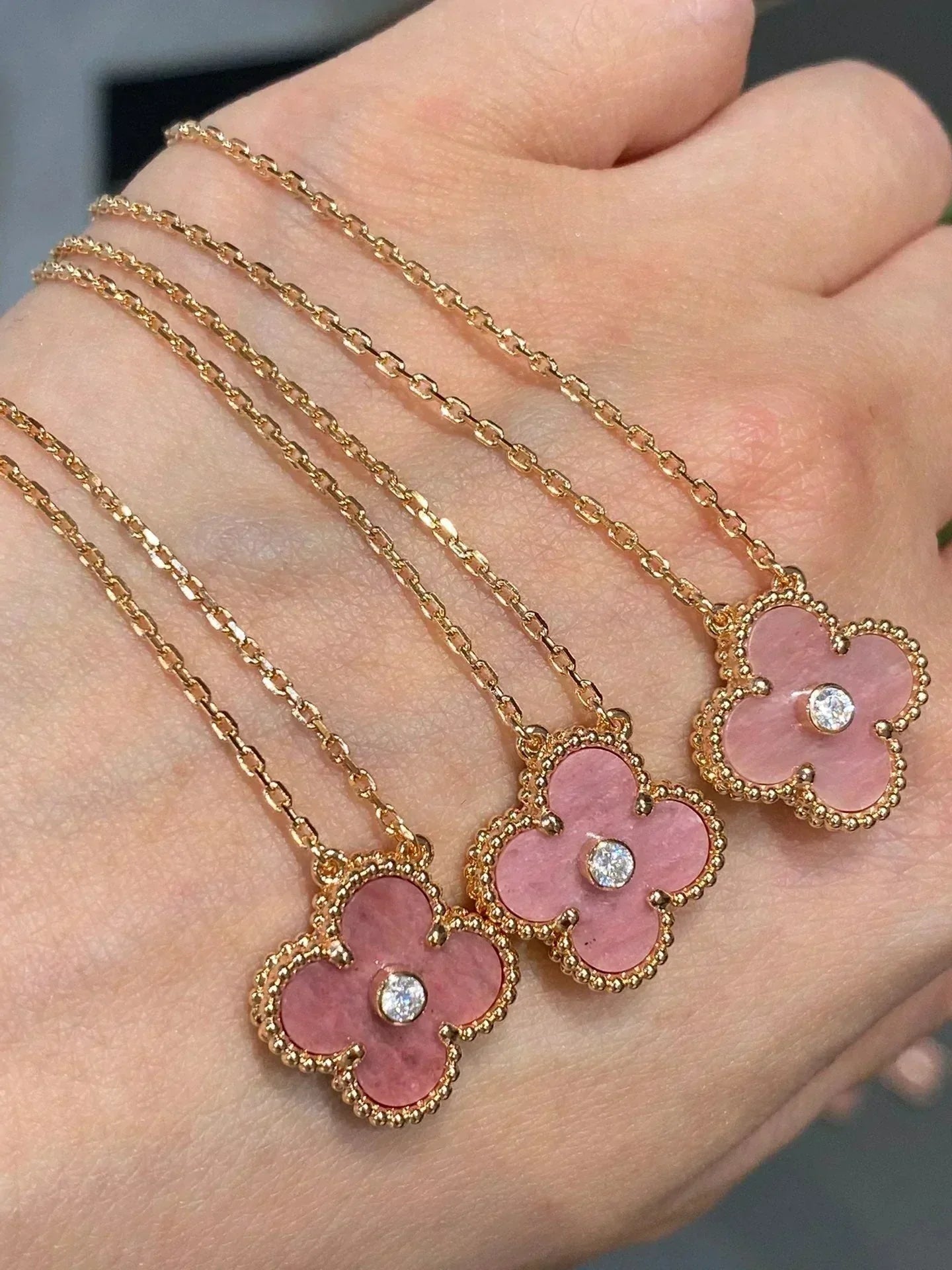 [Royal]CLOVER 15MM DIAMOND RHODONITE NECKLACE