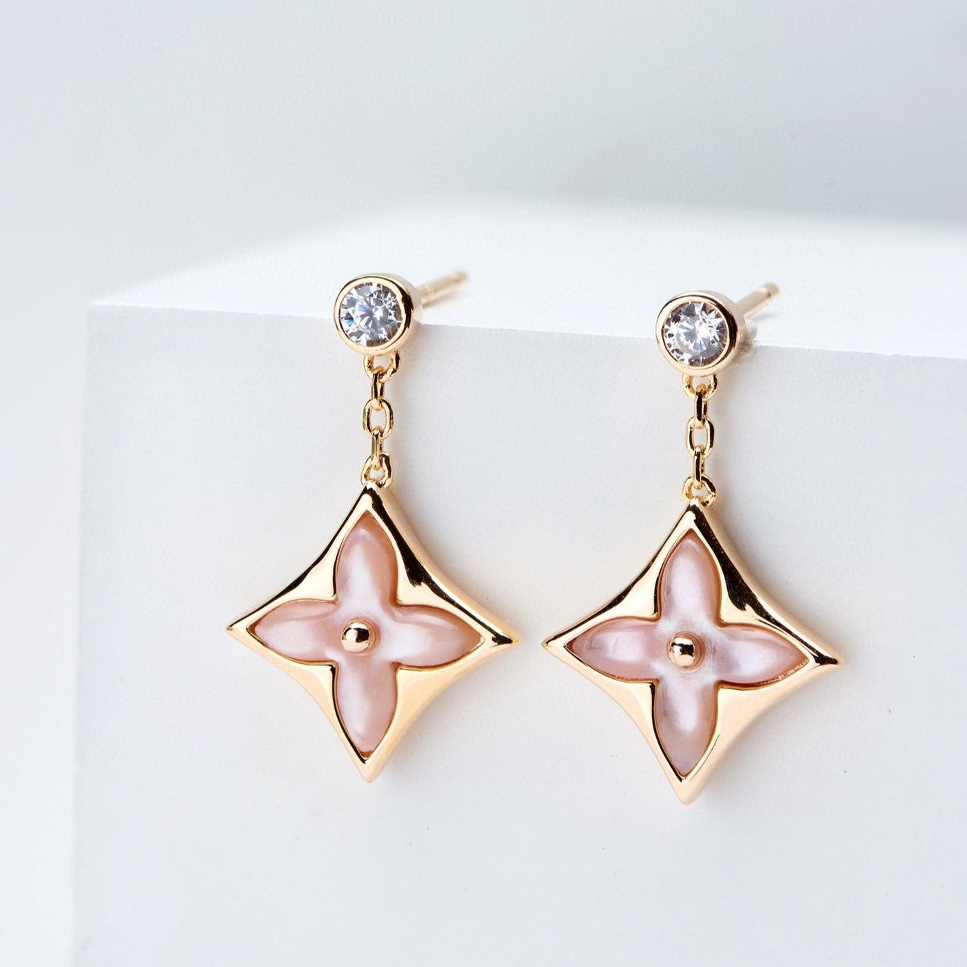 [Royal]DOUBLE STAR PINK GOLD MOP DROP EARRINGS