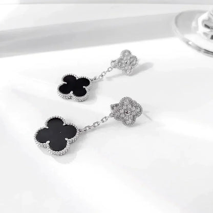 [Royal]CLOVER 2 MOTIFS  DIAMOND ONYX EARRINGS SILVER