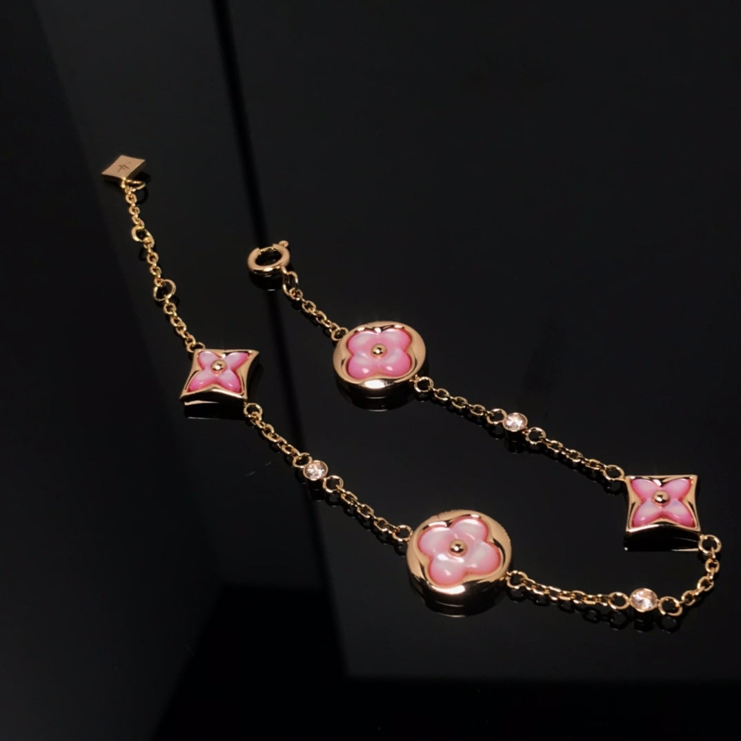 [Royal]STAR AND SUN 4 MOTIF PINK MOP PINK GOLD BRACELET