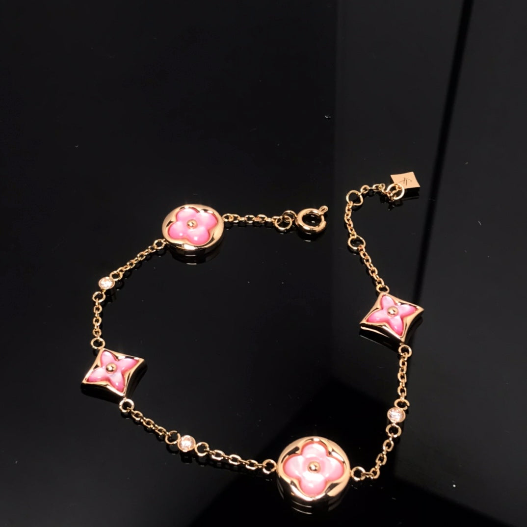 [Royal]STAR AND SUN 4 MOTIF PINK MOP PINK GOLD BRACELET