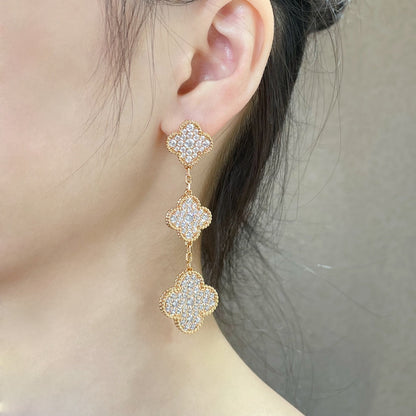 [Royal]CLOVER 3 MOTIFS DIAMOND PAVED ROSE GOLD EARRINGS