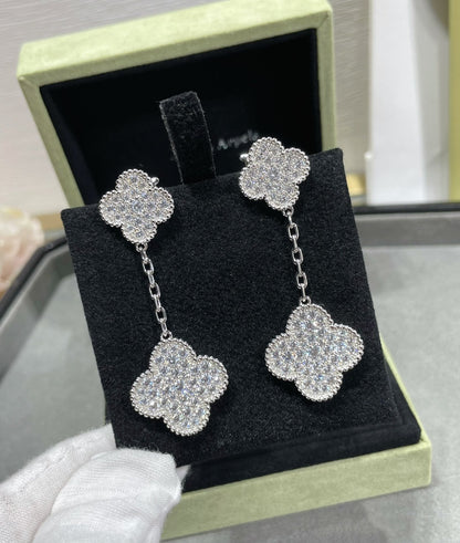 [Royal]CLOVER 2 MOTIFS DIAMOND PAVED SILVER EARRINGS