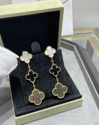 [Royal]CLOVER 3 MOTIF MOP ONYX DARK MOP PINK GOLD EARRINGS