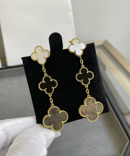 [Royal]CLOVER 3 MOTIF MOP ONYX DARK MOP PINK GOLD EARRINGS