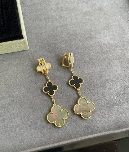 [Royal]CLOVER 3 MOTIF MOP ONYX DARK MOP PINK GOLD EARRINGS