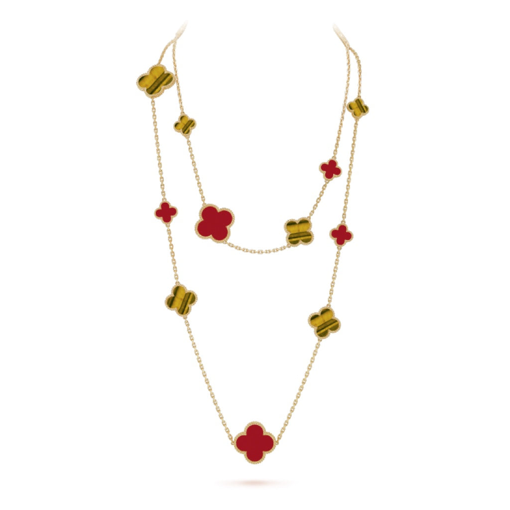 [Royal]CLOVER 16 MOTIF CARNELIAN TIGER EYE ROSE GOLD NECKLACE