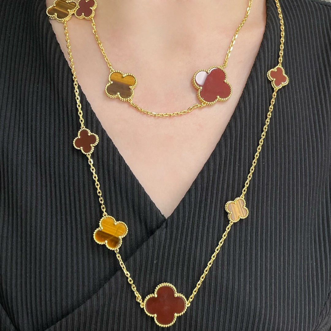 [Royal]CLOVER 16 MOTIF CARNELIAN TIGER EYE ROSE GOLD NECKLACE