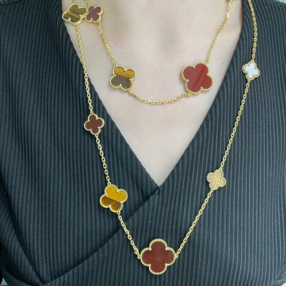 [Royal]CLOVER 16 MOTIF CARNELIAN TIGER EYE ROSE GOLD NECKLACE