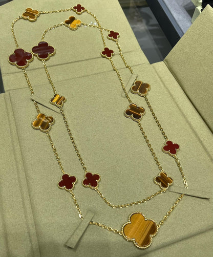 [Royal]CLOVER 16 MOTIF CARNELIAN TIGER EYE ROSE GOLD NECKLACE