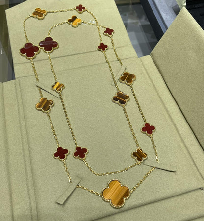 [Royal]CLOVER 16 MOTIF CARNELIAN TIGER EYE ROSE GOLD NECKLACE