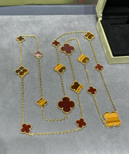 [Royal]CLOVER 16 MOTIF CARNELIAN TIGER EYE ROSE GOLD NECKLACE