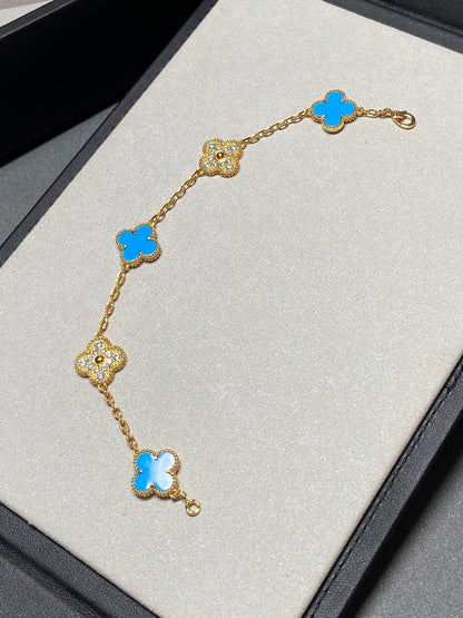 [Royal]CLOVER 5 MOTIF BLUE CHALCEDONY DIAMOND GOLD BRACELET