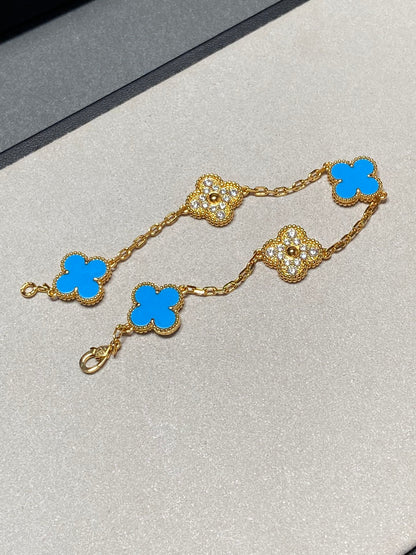 [Royal]CLOVER 5 MOTIF BLUE CHALCEDONY DIAMOND GOLD BRACELET