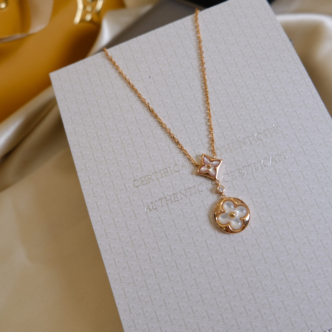 [Royal]STAR AND SUN WHITE MOP 2 MOTIF PINK GOLD NECKLACE