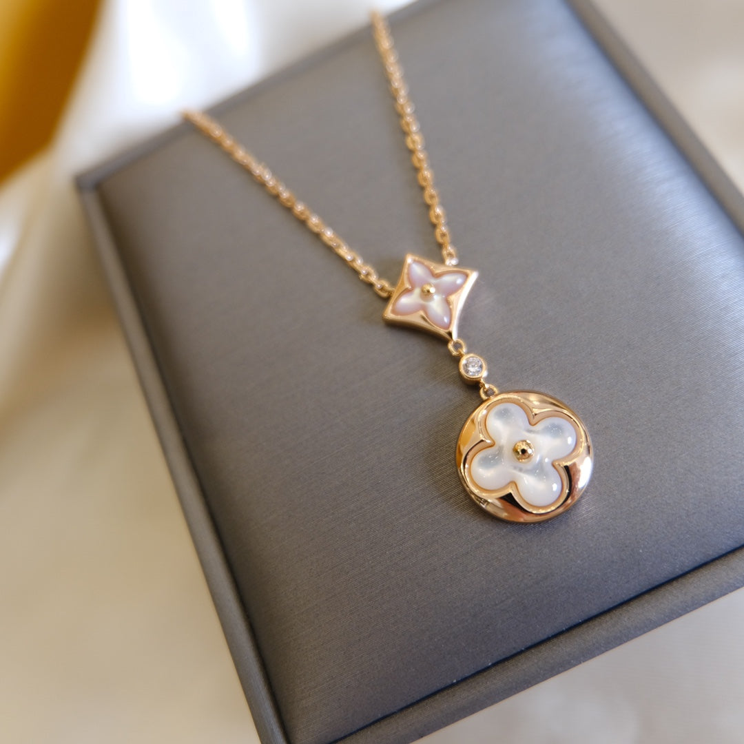 [Royal]STAR AND SUN WHITE MOP 2 MOTIF PINK GOLD NECKLACE