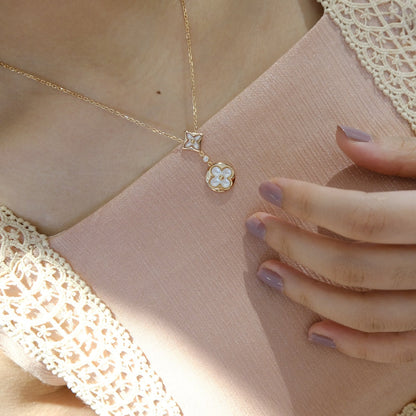 [Royal]STAR AND SUN WHITE MOP 2 MOTIF PINK GOLD NECKLACE