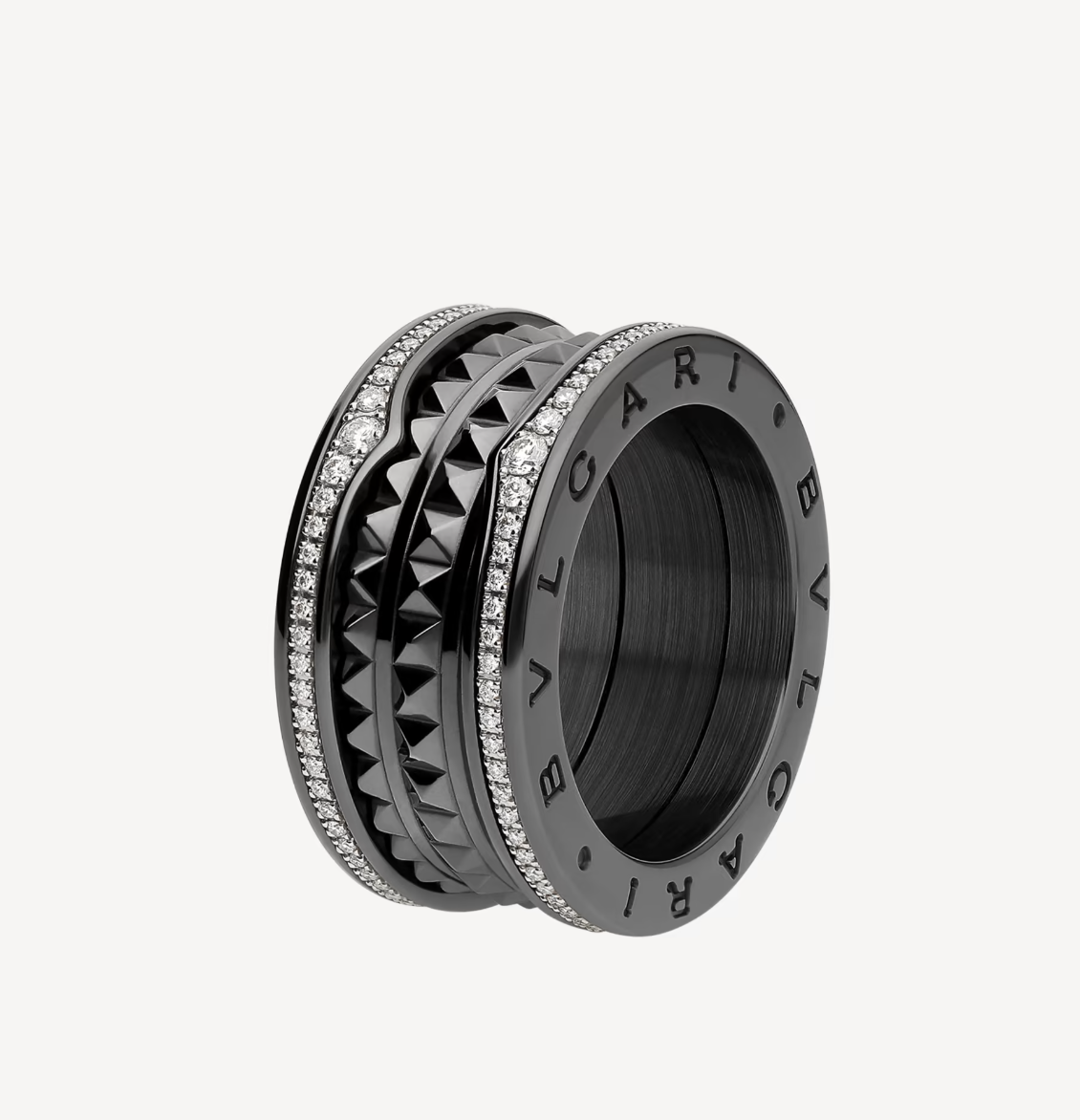 [Royal]ZERO 1 ROCK FOUR-BAND BLACK CERAMIC WITH STUDDED SPIRAL AND PAVED DIAMONDS RING