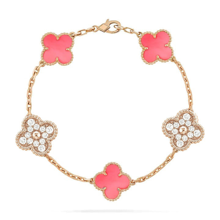 [Royal]CLOVER 5 MOTIF DIAMOND PINK MOP PINK GOLD BRACELET