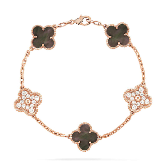 [Royal]CLOVER 5 MOTIFS DARK MOP AND DIAMONDS PINK GOLD BRACELET