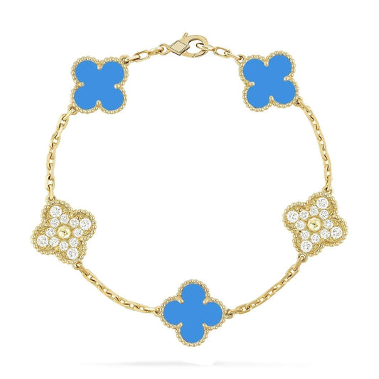 [Royal]CLOVER 5 MOTIF BLUE CHALCEDONY DIAMOND GOLD BRACELET