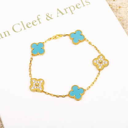 [Royal]CLOVER 5 MOTIF TURQUOISE DIAMOND GOLD BRACELET