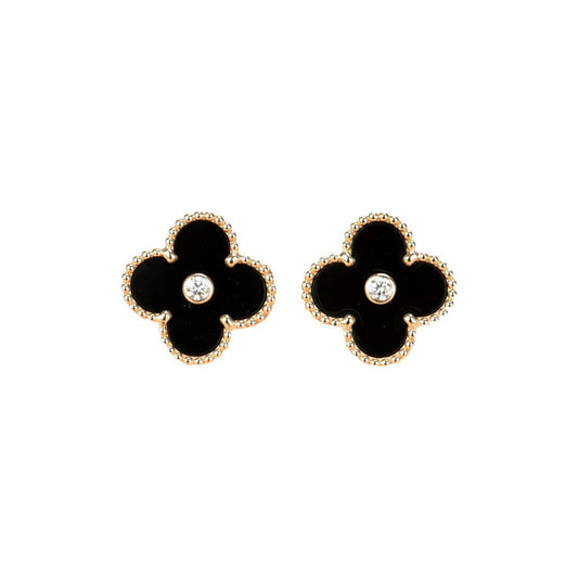 [Royal]CLOVER MEDIUM 1 MOTIFS ONYX DIAMOND EARRINGS